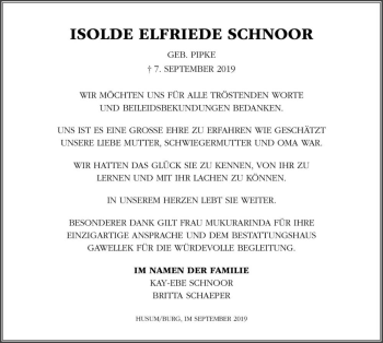 Traueranzeige von Isolde Elfriede Schnoor (geb. Pipke)  von Magdeburger Volksstimme