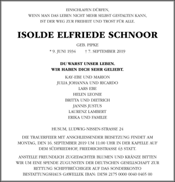 Traueranzeige von Isolde Elfriede Schnoor (geb. Pipke)  von Magdeburger Volksstimme