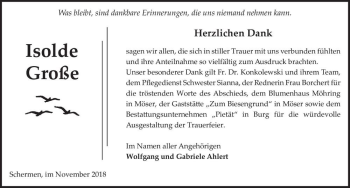 Traueranzeige von Isolde Große  von Magdeburger Volksstimme
