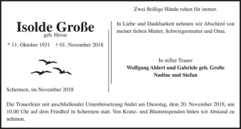 Traueranzeige von Isolde Große (geb. Hesse)  von Magdeburger Volksstimme