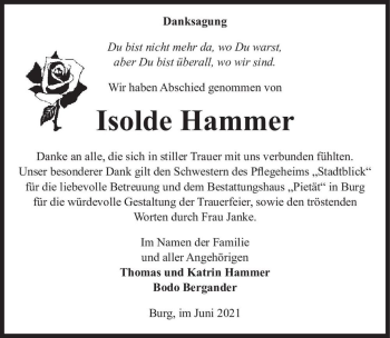Traueranzeige von Isolde Hammer  von Magdeburger Volksstimme
