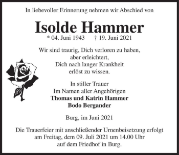 Traueranzeige von Isolde Hammer  von Magdeburger Volksstimme