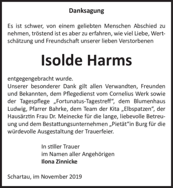 Traueranzeige von Isolde Harms  von Magdeburger Volksstimme