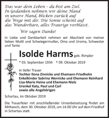 Traueranzeige von Isolde Harms (geb. Rimpler)  von Magdeburger Volksstimme