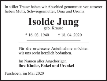 Traueranzeige von Isolde Jung (geb. Krause)  von Magdeburger Volksstimme