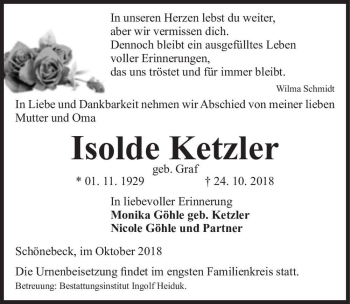 Traueranzeige von Isolde Ketzler (geb. Graf)  von Magdeburger Volksstimme