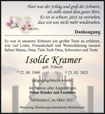 Traueranzeige von Isolde Kramer (geb. Triltsch)  von Magdeburger Volksstimme