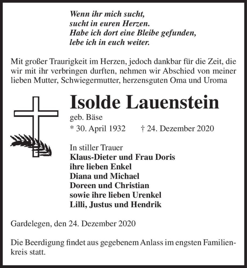  Traueranzeige für Isolde Lauenstein (geb. Bäse)  vom 29.12.2020 aus Magdeburger Volksstimme
