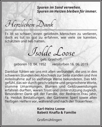 Traueranzeige von Isolde Loose (geb. Grashoff)  von Magdeburger Volksstimme