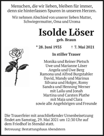 Traueranzeige von Isolde Löser (geb. Braun)  von Magdeburger Volksstimme