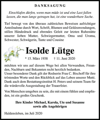 Traueranzeige von Isolde Lütge  von Magdeburger Volksstimme