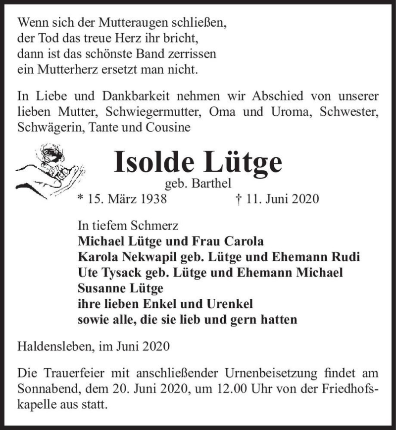  Traueranzeige für Isolde Lütge (geb. Barthel)  vom 13.06.2020 aus Magdeburger Volksstimme