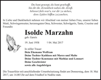 Traueranzeige von Isolde Marzahn (geb. Gareis)  von Magdeburger Volksstimme