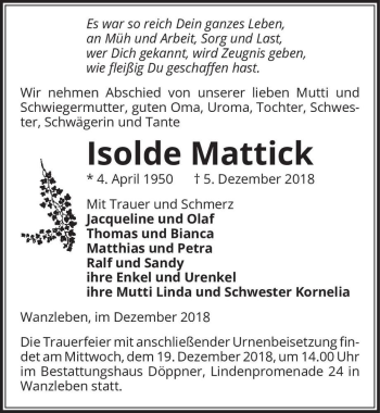 Traueranzeige von Isolde Mattick  von Magdeburger Volksstimme