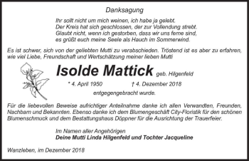 Traueranzeige von Isolde Mattick (geb. Hilgenfeld)  von Magdeburger Volksstimme
