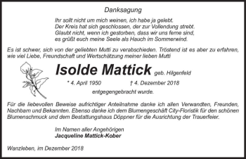 Traueranzeige von Isolde Mattick (geb. Hilgenfeld)  von Magdeburger Volksstimme