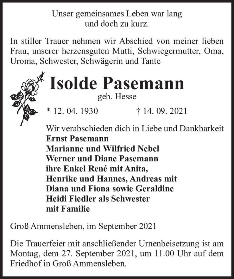 Traueranzeige für Isolde Pasemann (geb. Hesse)  vom 18.09.2021 aus Magdeburger Volksstimme