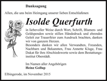 Traueranzeige von Isolde Querfurth  von Magdeburger Volksstimme