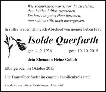 Traueranzeige von Isolde Querfurth  von Magdeburger Volksstimme