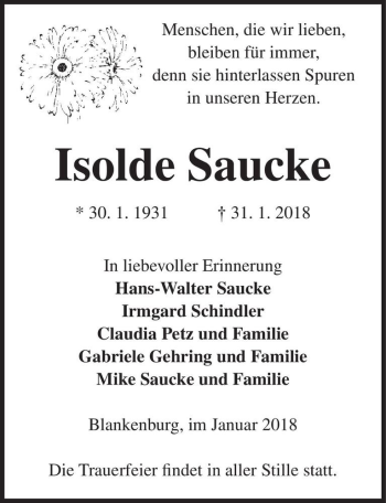 Traueranzeige von Isolde Saucke  von Magdeburger Volksstimme