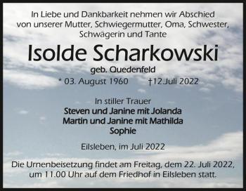 Traueranzeige von Isolde Scharkowski (geb. Quedenfeld)  von Magdeburger Volksstimme
