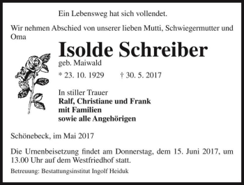 Traueranzeige von Isolde Schreiber (geb. Maiwald)  von Magdeburger Volksstimme