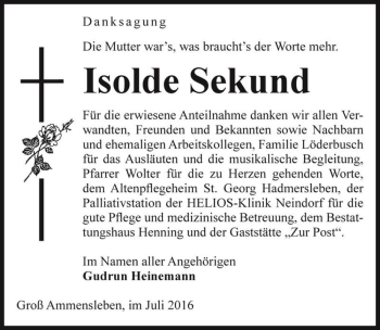 Traueranzeige von Isolde Sekund  von Magdeburger Volksstimme