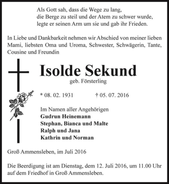 Traueranzeige von Isolde Sekund (geb. Försterling)  von Magdeburger Volksstimme