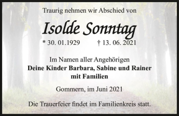 Traueranzeige von Isolde Sonntag  von Magdeburger Volksstimme