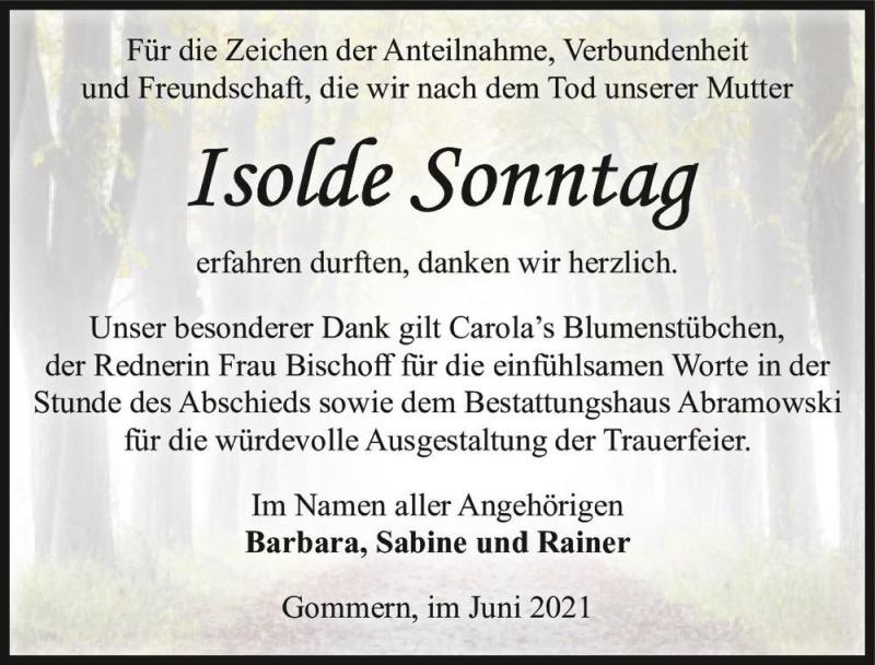  Traueranzeige für Isolde Sonntag  vom 03.07.2021 aus Magdeburger Volksstimme