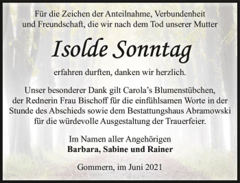 Traueranzeige von Isolde Sonntag  von Magdeburger Volksstimme