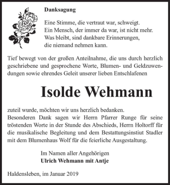 Traueranzeige von Isolde Wehmann  von Magdeburger Volksstimme