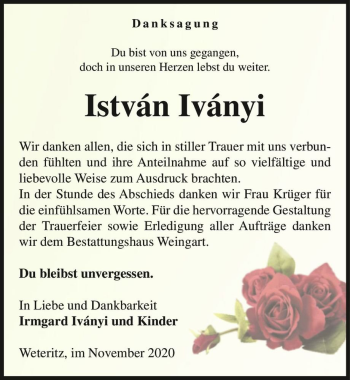 Traueranzeige von István Iványi  von Magdeburger Volksstimme