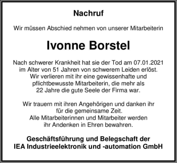 Traueranzeige von Ivonne Borstel  von Magdeburger Volksstimme