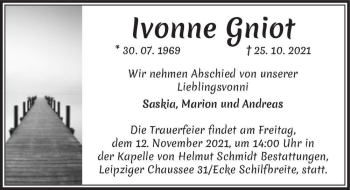 Traueranzeige von Ivonne Gniot  von Magdeburger Volksstimme
