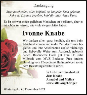 Traueranzeige von Ivonne Knabe  von Magdeburger Volksstimme