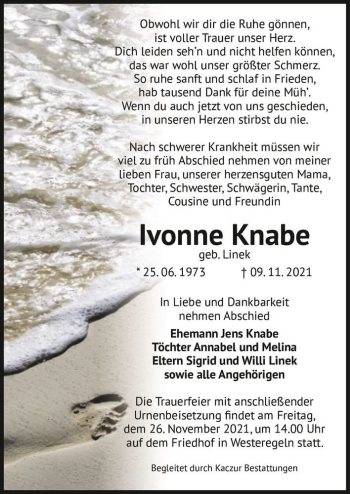 Traueranzeige von Ivonne Knabe (geb. Linek)  von Magdeburger Volksstimme