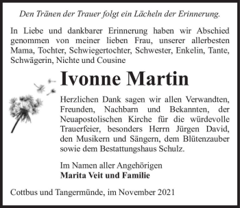 Traueranzeige von Ivonne Martin  von Magdeburger Volksstimme