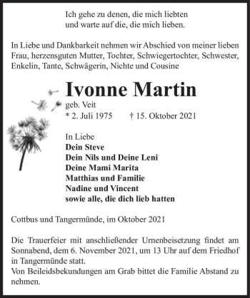 Traueranzeige von Ivonne Martin (geb. Veit)  von Magdeburger Volksstimme