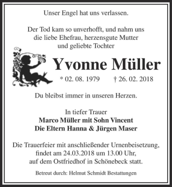 Traueranzeige von Ivonne Müller  von Magdeburger Volksstimme