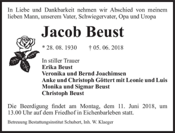 Traueranzeige von Jacob Beust  von Magdeburger Volksstimme