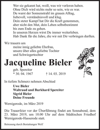 Traueranzeige von Jacqueline Bieler (geb. Spereiter)  von Magdeburger Volksstimme