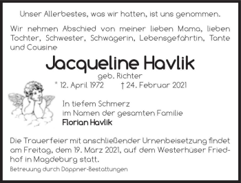 Traueranzeige von Jacqueline Havlik (geb. Richter)  von Magdeburger Volksstimme