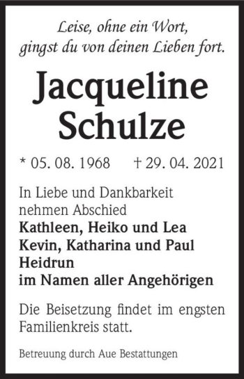 Traueranzeige von Jacqueline Schulze  von Magdeburger Volksstimme