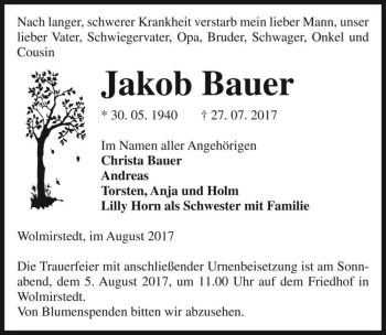 Traueranzeige von Jakob Bauer  von Magdeburger Volksstimme