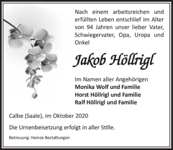 Traueranzeige von Jakob Höllrigl  von Magdeburger Volksstimme