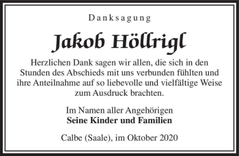 Traueranzeige von Jakob Höllrigl  von Magdeburger Volksstimme
