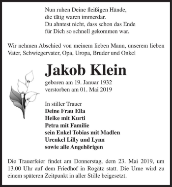 Traueranzeige von Jakob Klein  von Magdeburger Volksstimme