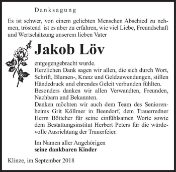 Traueranzeige von Jakob Löv  von Magdeburger Volksstimme