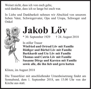 Traueranzeige von Jakob Löv  von Magdeburger Volksstimme